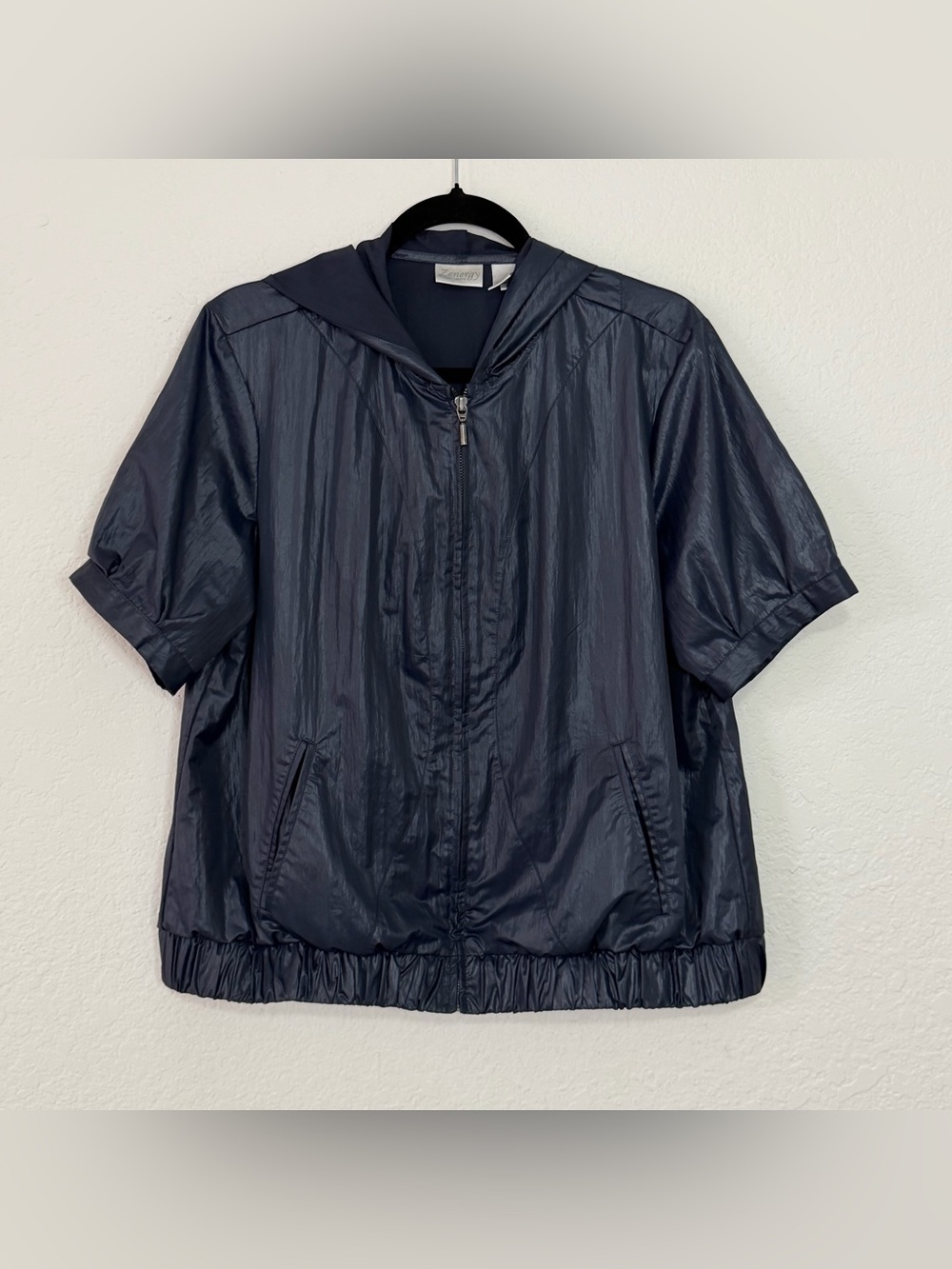 Zenergy Chico’s Blue Short Sleeve Zip Hooded Workout Jacket Women’s Size Large